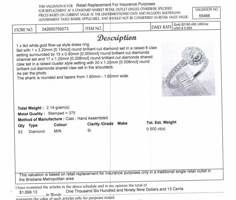 9ct WHITE GOLD DIAMOND DRESS RING TDW: 0.50cts VAL: $1699