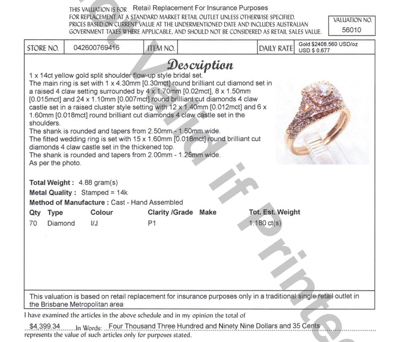 14ct YELLOW GOLD DIAMOND BRIDAL SET TDW: 1.18ct VAL: $4399