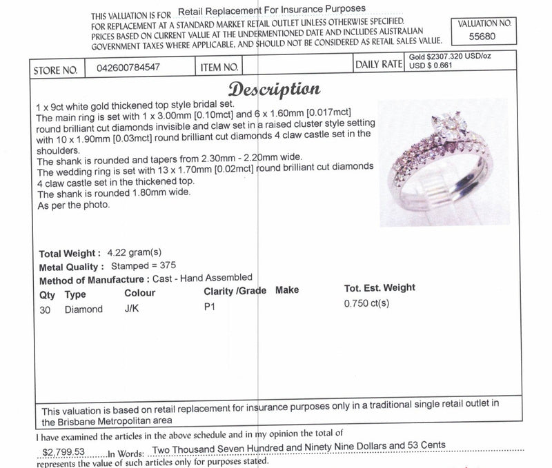 9ct WHITE GOLD DIAMOND BRIDAL SET TDW: 0.75cts VAL: $2799