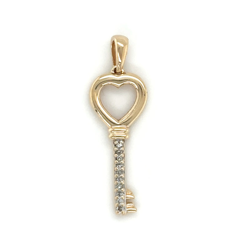 10ct YELLOW GOLD DIAMOND SET HEART KEY PENDANT