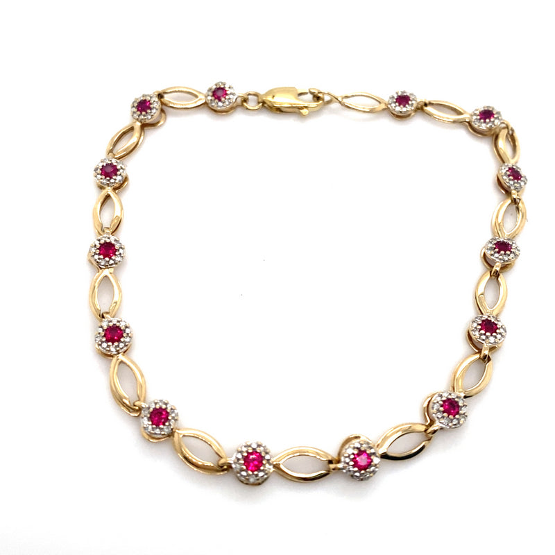 10CT YELLOW GOLD 19CM SYNTHETIC RUBIES & DIAMOND BRACELET