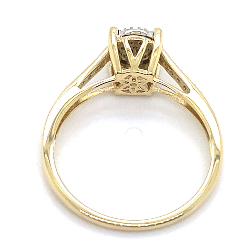 9CT YELLOW GOLD DIAMONDS SET IN RAISED SETTING & SHOULDER DRESS RING