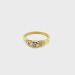 18CT YELLOW GOLD BEZEL SET DIAMONDS IN TRILOGY SETTING DRESS RING VALUED $1899