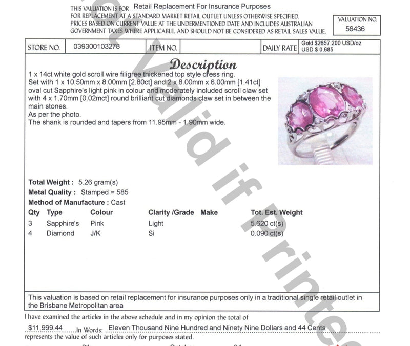 14ct WHITE GOLD PINK SAPPHIRE & DIAMOND RING VALUED: $11999