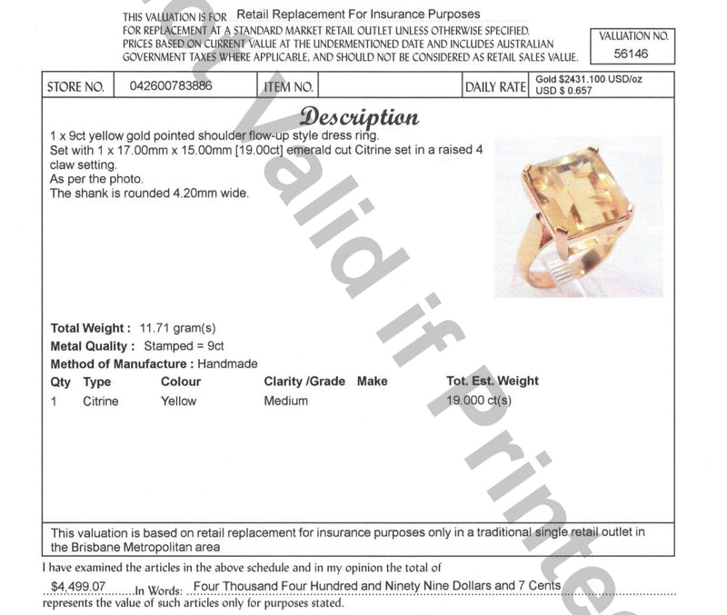 9ct YELLOW GOLD 19.00CT CITRINE DRESS RING VALUED: $4499